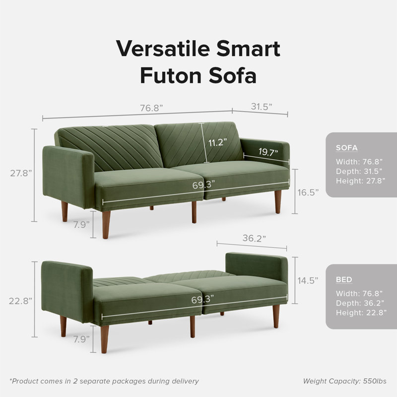 Twin 76.8'' Velvet Convertible Sofa, Olive Green Velvet