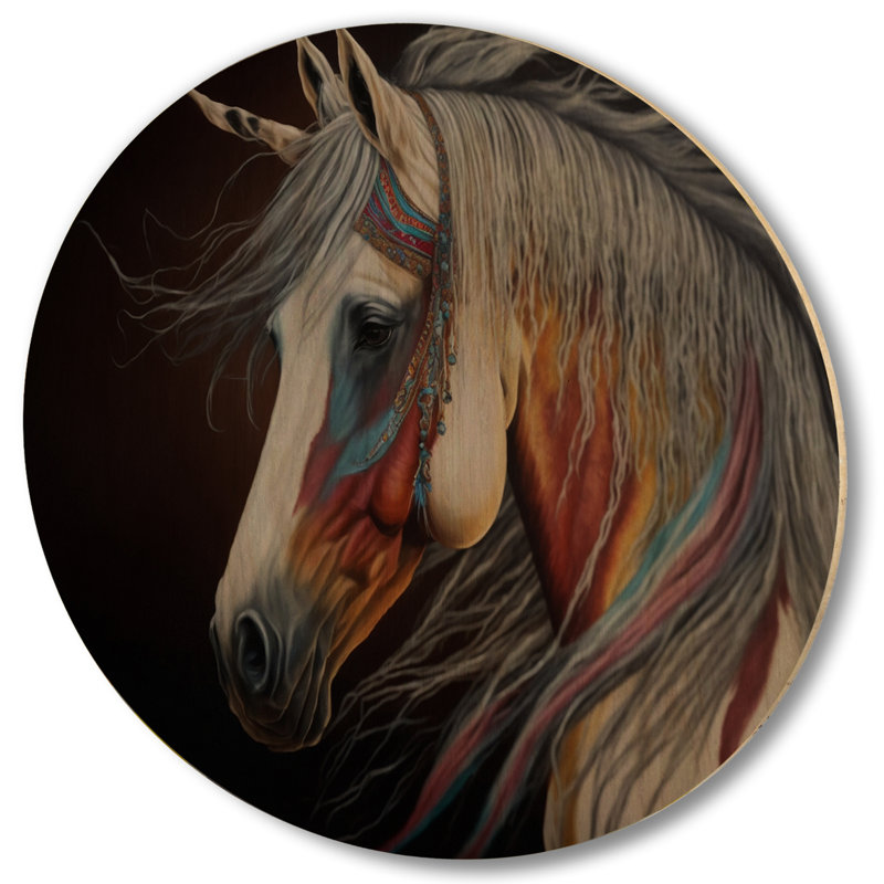 Cheval indien avec crinière colorée V - Art mural moderne en bois - Bois de pin naturel, L 36 po x H 36 po
