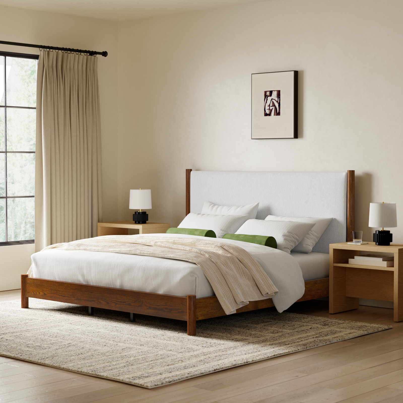 Kaplan Wood Bed, Queen, Medium Oak/Beige