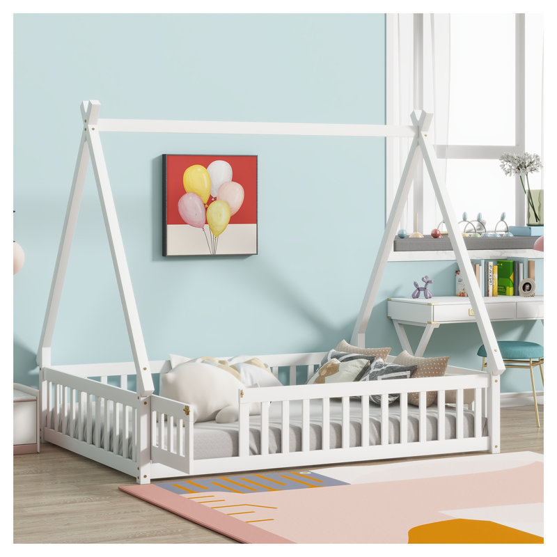 Structure de lit double pleine grandeur avec porte et garde-corps, lit pour enfants Montessori Teepee