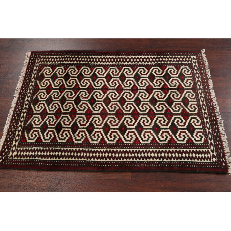 Tapis ivoire / rouge foncé en laine noué à la main de conception unique 2 pi 8 po x 3 pi 8 po Bex