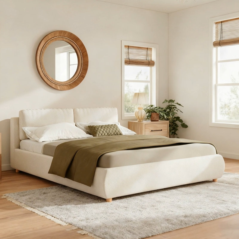 King Size Upholstered Platform Bed With Two Removable Pillow Headboard Boucle Fabric White, Queen