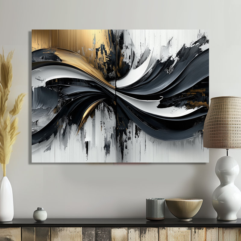 Goldern Black Shifting Ink Waters II - reproduction d'art moderne en métal, décoration murale moderne en métal transitionnel
