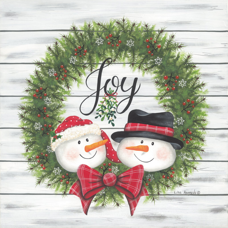 Joy Joy Snowman Wreath on Canvas par Lisa Kennedy, reproduction, H 12 po x l 12 po x P 1,25 po