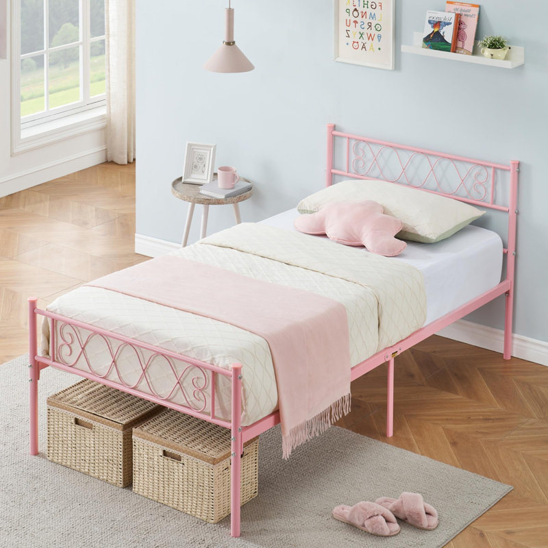 Modern Metal Platform Bed Frame with Headboard & Footboard, Rose, Lit simple