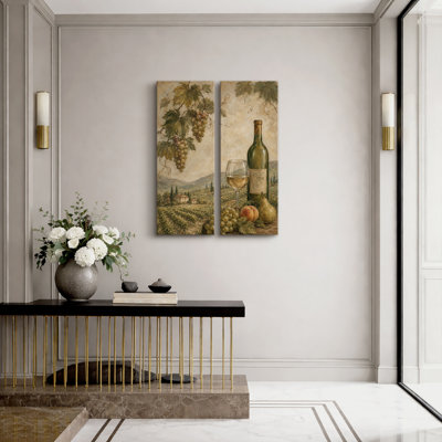 «Rustic Vineyard Landscape with Raisins Wine Bottle and Glass», art mural pour la salle à manger, la cuisine, le salon, le bar, ensemble de 2 reproductions d'art encadrées sur toile 32 po x 12 po x 2