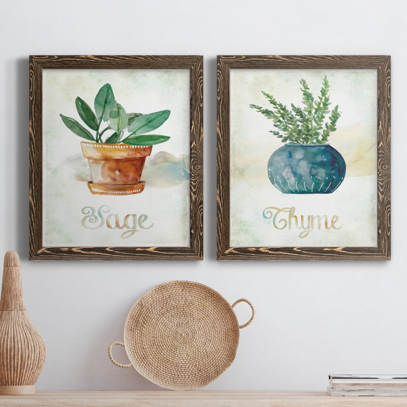 Sauge en pot - ensemble de 2 peintures sur toile encadrées, H 37,5 po x l 55 po x P 1,5 po, Cadre noyer