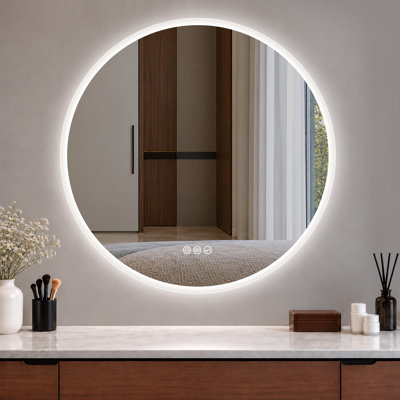 Miroir de salle de bain rond à DEL avec haut-parleur Bluetooth, miroir trempé, intensité variable, antibuée, commande tactile