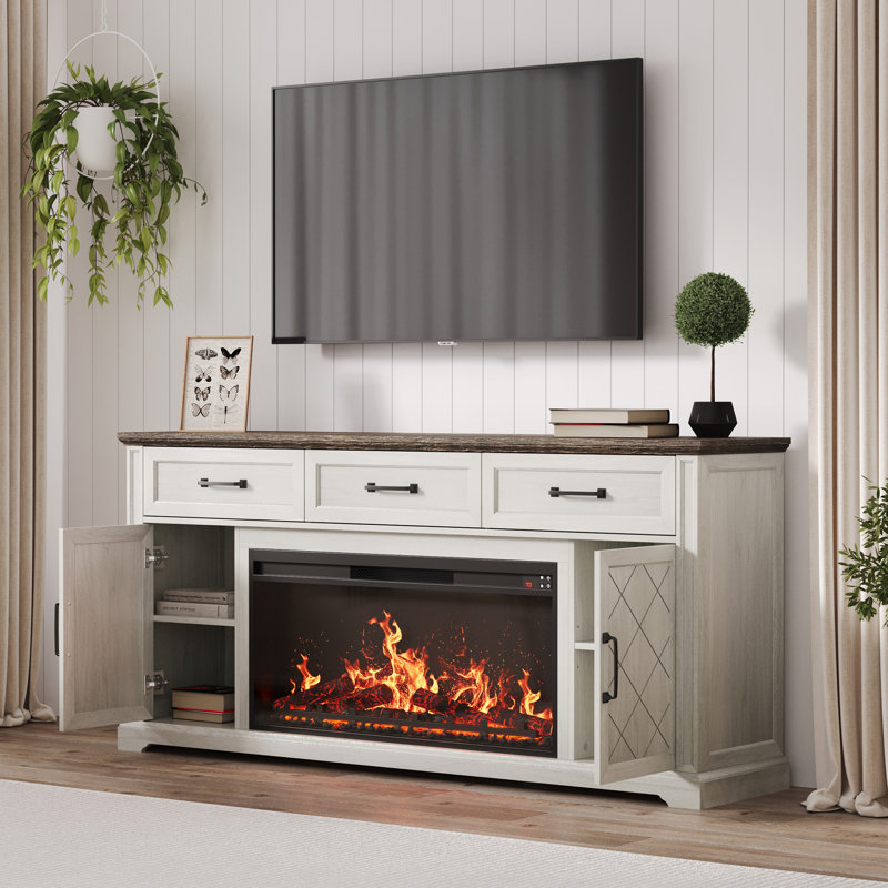 e Meuble télé 68 po avec foyer électrique 36 po, fonction sonore, minuterie, télécommande, Blanc