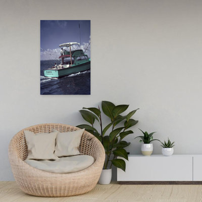 1950S Turquoise Green Fishing Boat On Water Man Woman Fishing Off Stern Man At Helm Bimini Cover Ft. Lauderdale Florida Usa Contemporary Fish Wall Art