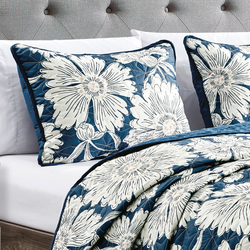 King Size Blue and White Floral Polyester Bedspread Set