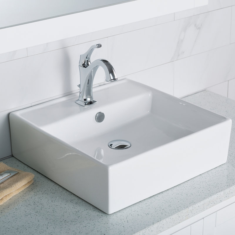 Modern Square White Ceramic Vessel Bathroom Sink, 18.5"