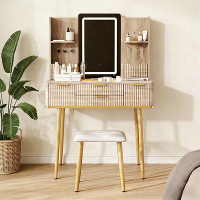Meuble-lavabo à 4 tiroirs avec miroir à DEL, table de maquillage avec tabouret et rangement pour bijoux