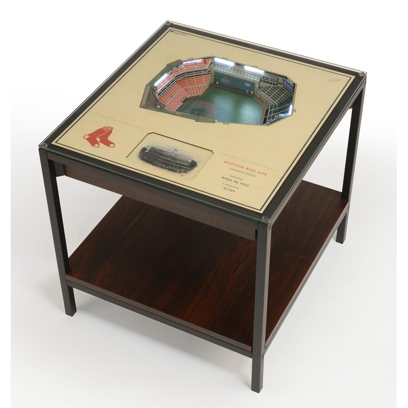 Glass Top End Table with Storage, 22.25" H x 23" W x 22" D, Boston Red Sox, Green/Brown