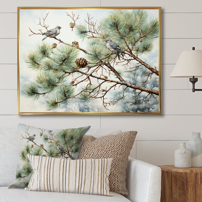Oiseau sur pin I - Art mural pin, Cadre flottant doré, H 16 po x l 32 po x P 1 po