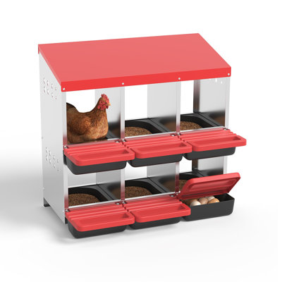 Boîte de nidification à 6 compartiments pour poulets roulants, nid pondeur en acier galvanisé résistant aux intempéries avec coussins souples, boîte de volaille murale ou autoportante, rouge