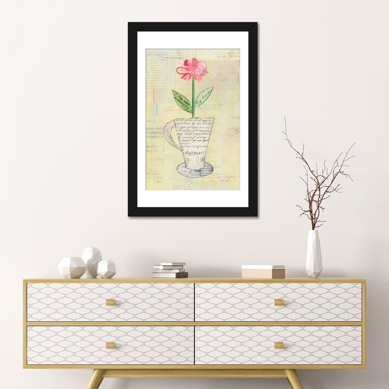 «Teacup Floral II», impression sur toile, H 32 po x l 24 po x P 1 po, Papier beaux-arts encadré noir, Blanc