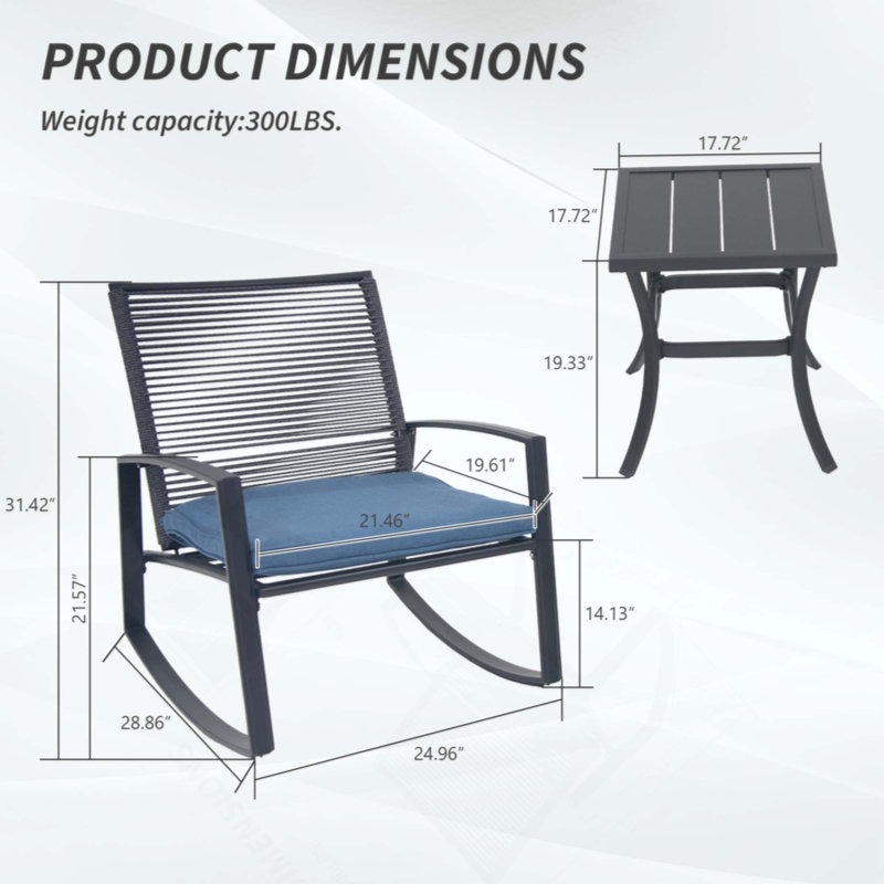 2-Person Outdoor Patio Bistro Metal Rocking Conversation Set With Table, Blue