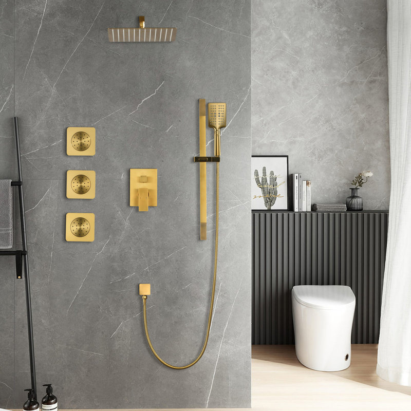 Elegant Shower System In Golden Hue With Arm: Natural Rain Simulation, Self-cleaning, 11.76 Depth, Brass Featuring Head, Hand Shower, Slide Bar, Bodysprays, Arm, Hose, Valve Trim & Lever Handles.