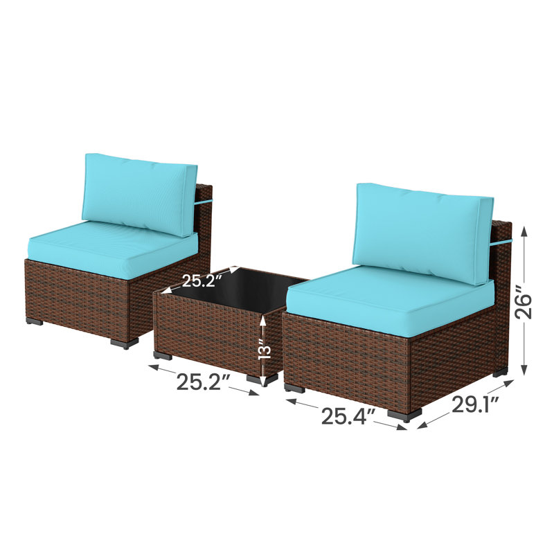 Ensemble de conversation en osier 2 pièces 3 personnes avec plateau en verre Naveena , Bleu