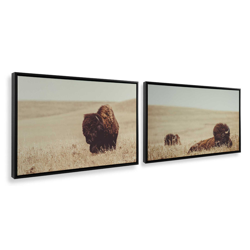 Prairie Bisons Set of 2, 33.5" H x 99" W x 1.75" D, Floater Frame, Polished Gold