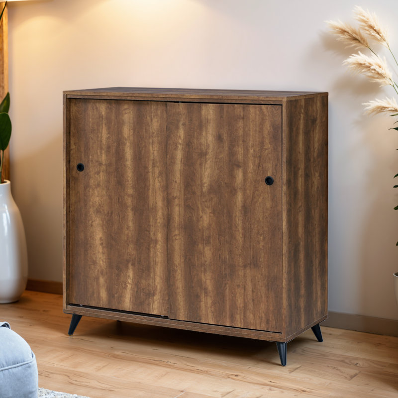 Mid-Century Oak Shoe Storage Cabinet with Adjustable Shelves and Sliding Doors