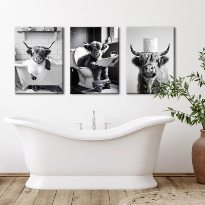 3Pcs Funny Bathroom Canvas Wall Art Highland Cattle Wall Decor Paintings Black And White Animal Pictures Reading Newspaper Print Posters Rustic Vintage Farmhouse Bathroom And Toilet Decor 12X16 Inch