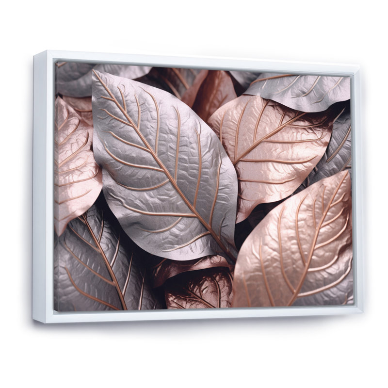 «Gold Pink Leafs Harmony I» sur toile, Cadre flottant blanc, H 12 po x l 20 po x P 1 po