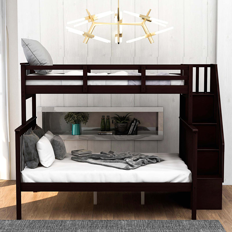 Lit superposé simple au-dessus de double avec rangement et garde-corps pour chambre à coucher Stairway, Espresso