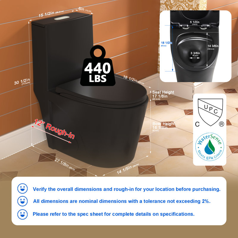 Toilette allongée compacte moderne d'une seule pièce avec hauteur de confort conforme à l'ADA de 17,1 po, économie d'eau double chasse 1,1 / 1,6 GPF, CARTE 1000 g (siège UF inclus)