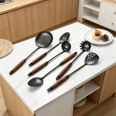 Professional 6-Piece Stainless Steel Kitchen Utensils Set With Heat-Resistant Wood Handle - Includes Spatula, Spoon, Ladle, Skimmer, Slotted Spoon, And Pasta Server