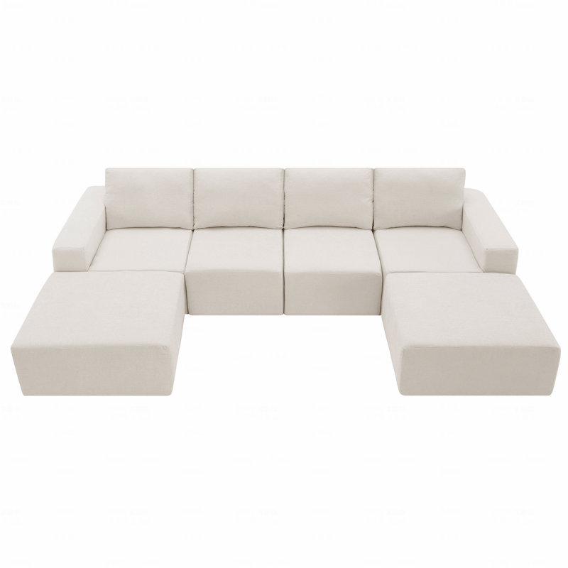 Basic Sectional Sofa, Modular U Shaped  Sofa With Ottomans,Luxury Cloud Chenille Floor Couch With Deep Seat, Beige Chenille
