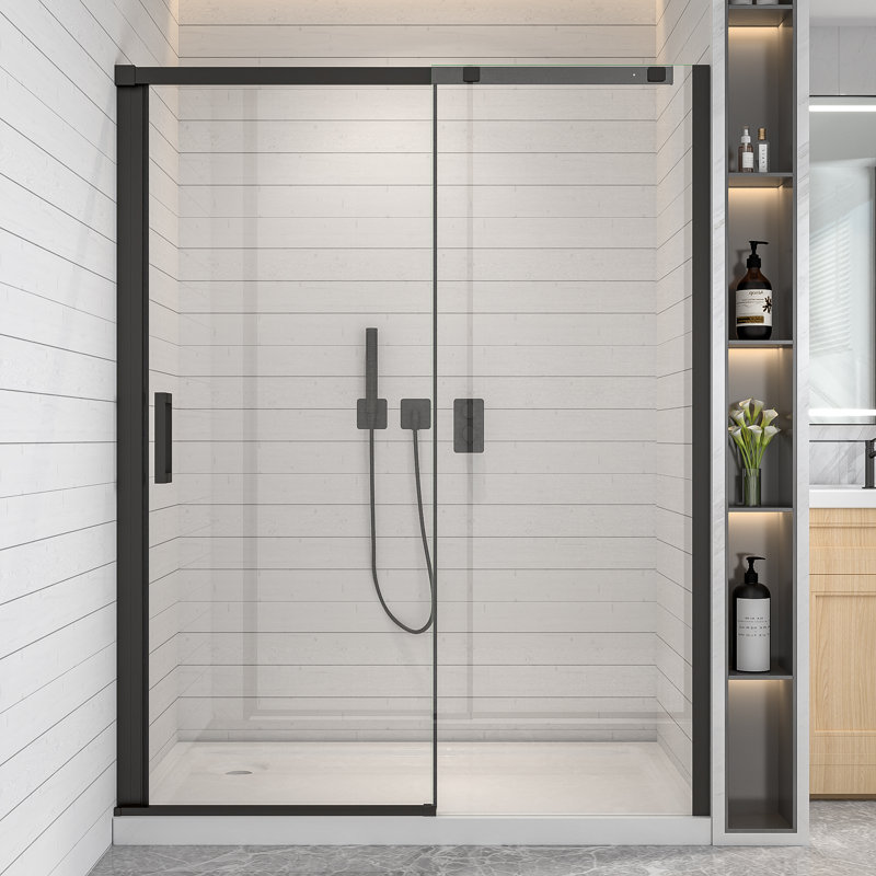 Single Sliding Semi-Frameless Shower Door With 5/16'' Tempered Glass, 74" H x 60" W, Matte Black