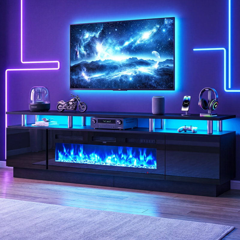 90" TV Stand With 50" Electric Fireplace For TVs Up To 100", Large Media Console with LED Light Strip, Black