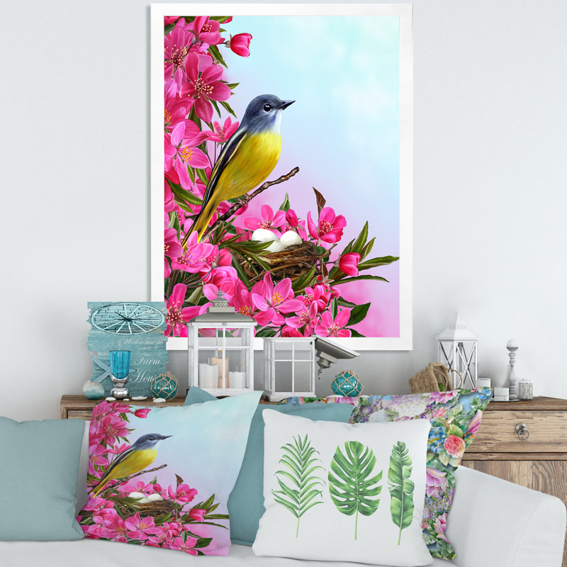 Petit oiseau jaune près du nid avec fleurs - Impression sur toile, H 32 po x l 24 po x 1,5 po, Toile blanche encadrée