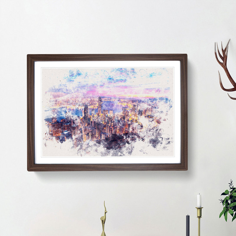 Hong Kong Skyline at Sunset - Picture Frame Painting Print, 36cm H x 48cm W x 2cm D, Walnut Framed