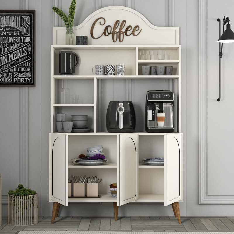 Bar à café moderne, finition crème et noyer, 47,2 po x 79,5 po x 13,8 po | 100% panneau de particules enduit de mélamine, épaisseur: 0,7 pouce | Plusieurs tablettes pour le rangement, design élégant et fonctionnel pour la maison et le bureau