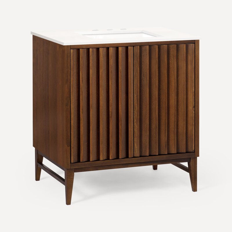 Sinca 30" Vanity With Quartz Stone Vanity Top, Walnut, Lava Black, Three-Hole