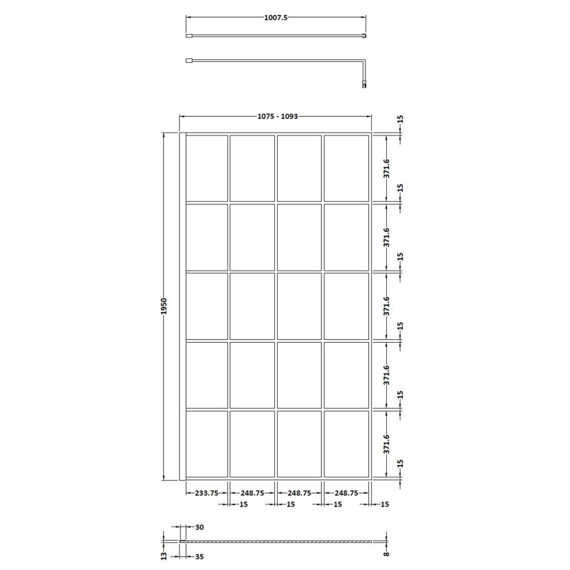 Framed Wet Room Glass Screens with Pattern Glass, 195cm H x 110cm W x 1.4cm D