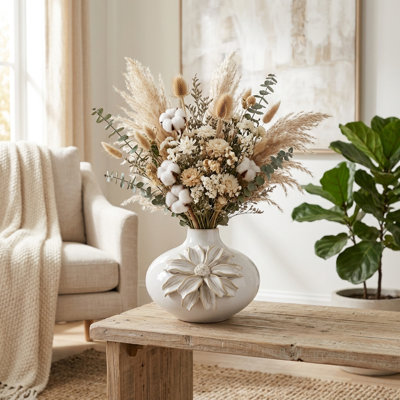 Embossed Floral Ceramic Bud Flower Vase for Living Room Table Accent - Tall Vase Home Decor for Entryway, Bedroom or Foyer - 6"
