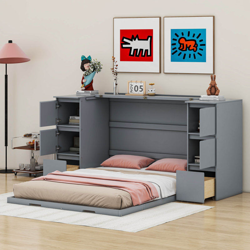 Gray Full Murphy Bed with Drawers, Cabinets, and USB Ports