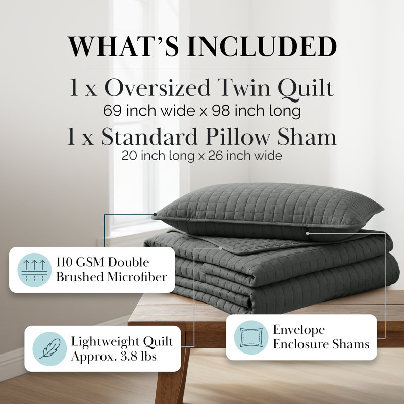 Southshore Fine Linens Vilano Oversized Quilt Set, Double-Brushed Microfiber Lightweight Quilted Bedding and 1 Pillow Sham, Twin/Twin XL Slate Grey