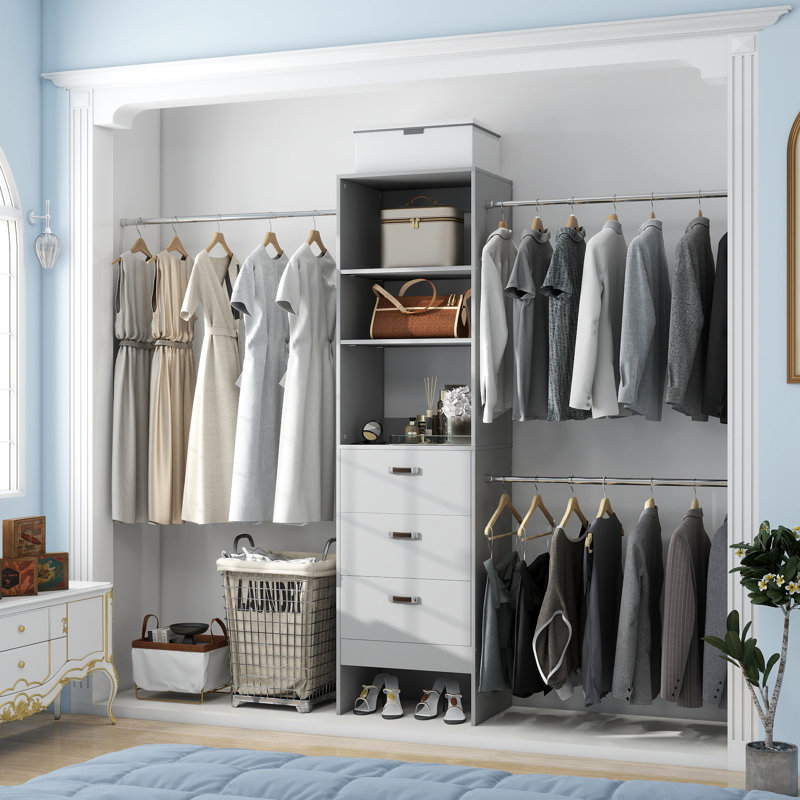 21"-96" Closet System With 3 Drawers And 3 Rods(Can Be Cut To Fit), Gray