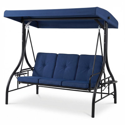 3-Seat Outdoor Porch Swing with Adjustable Canopy Convertible Patio Swing Bed with Stand Thick Cushions Cup Holders Weather-Resistant for Backyard Garden Porch - Blue