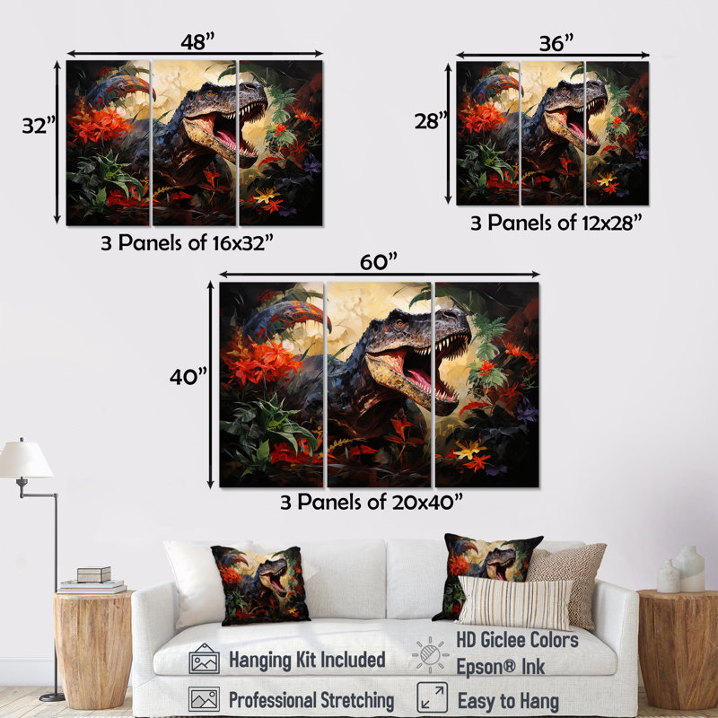 «Floral Tyrannosaurus Dinoasaur Jungle Portrait» - art mural dinosaure, Toile tendue, H 32 po x l 48 po