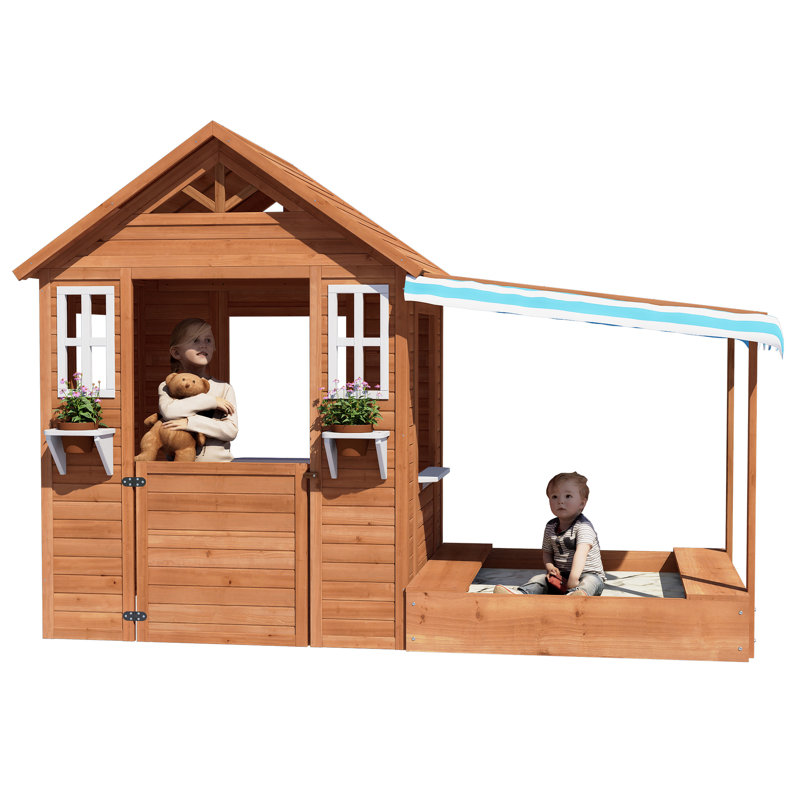AIUEKES 84.6'' W x 42.7'' D Indoor / Outdoor Wood Playhouse, Brown