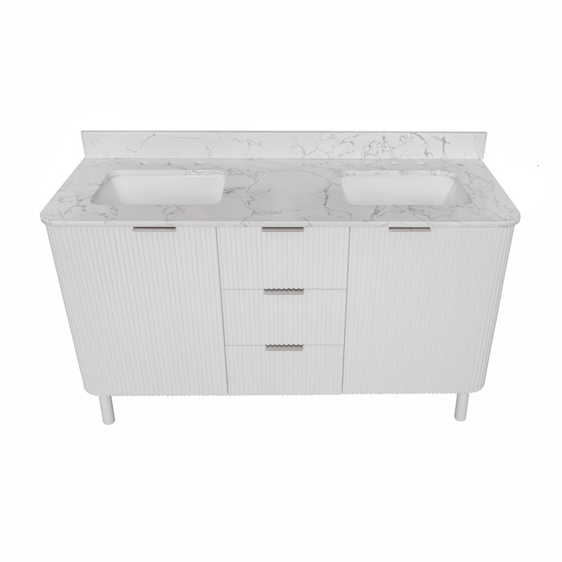 Meuble-lavabo double 60 po Belwood, Nickel brossé, Marbre d'ingénierie
