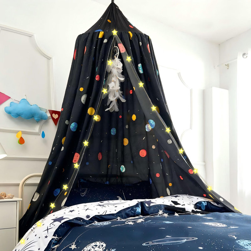 Lit à baldaquin pour enfant avec imprimé de planètes spatiales, auvent de chambre de princesse pour filles, auvent de tente de lecture avec coin de lecture doux, très grand lit à baldaquin avec lumière