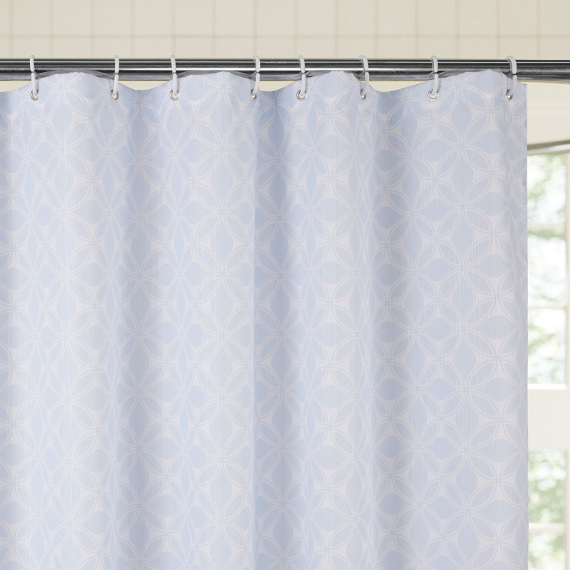 Ensemble de rideau de douche imprimé en tissu texturé Slub avec 12 crochets de douche en plastique, Bleu géométrique