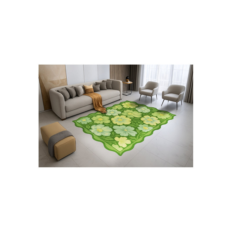 Tapis vert tissé à motif floral lavable Mosso, 3'3" x 9'10"